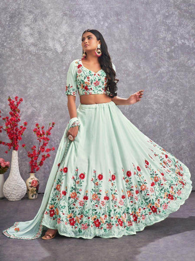 Prodigious Sea Green Sequins Embroidery Georgette Lehenga Choli